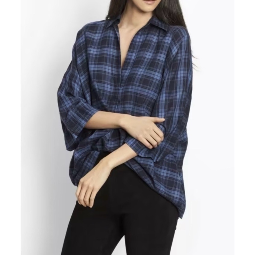 VINCE Blue Coastal Plaid Karo V Neck Cotton Tunic Top - Picture 2 of 6